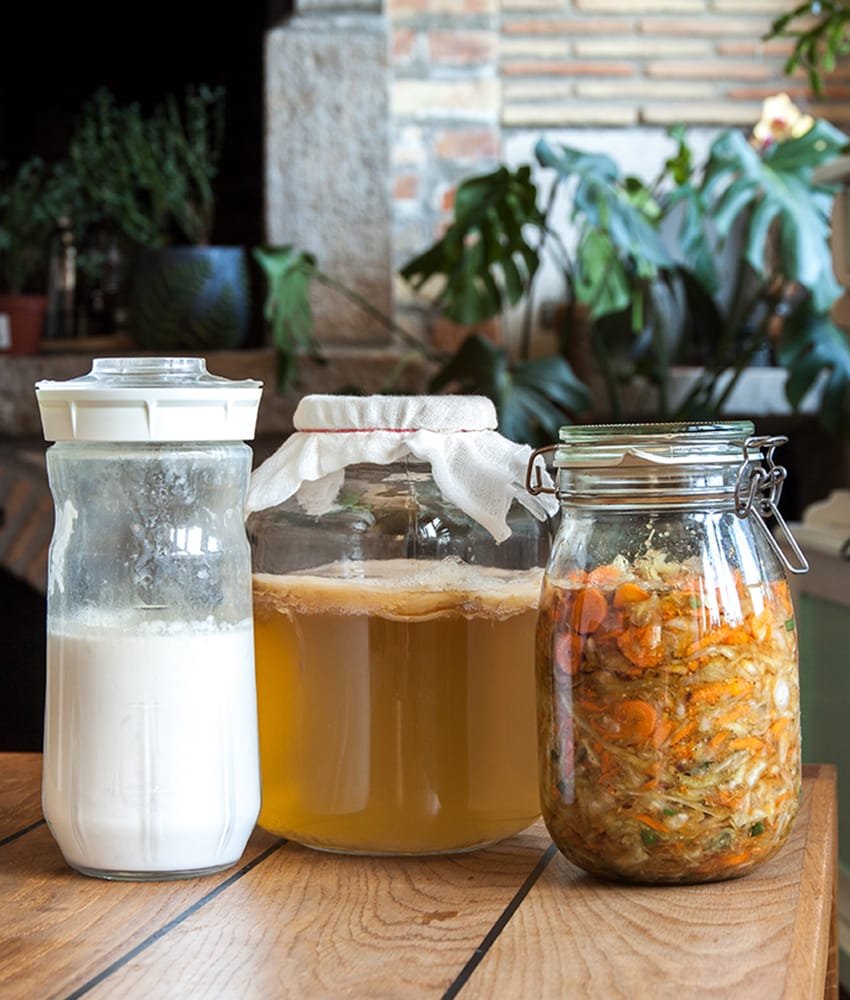 Kimchi, kefir i kombucha u teglama na stolu